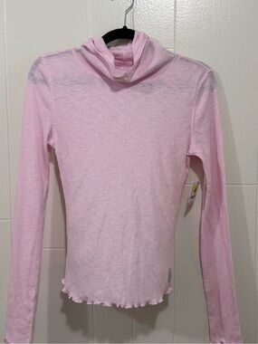 Free People Women’s Lightweight Pink Long-Sleeve Mock Neck Top with Hoodie
